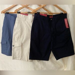 Merona Mens Shorts, NWT, size 30, 3 pairs, blue, beige, navy, cargo & flat front